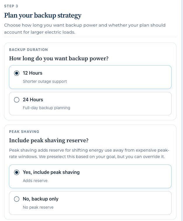 Backup strategy configuration screen for backup duration and peak shaving options