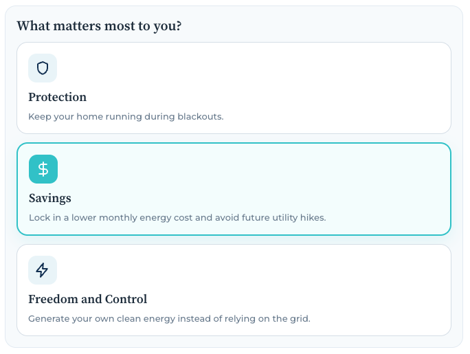 Goal selection screen asking homeowners what matters most: protection, savings, or freedom and control