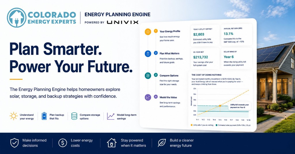 Energy Planning Engine promotional graphic — Plan Smarter. Power Your Future. with Colorado Energy Experts and Univix branding